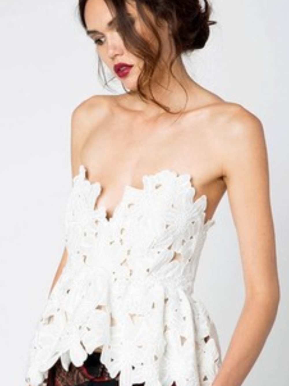 Stone Cold Fox White Strapless Lace Floral Peplum Top